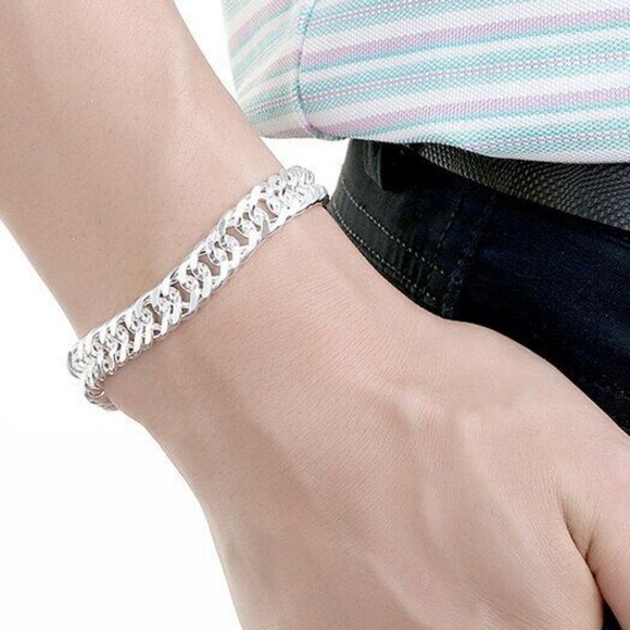 UNISEX 925 STERLING SILVER • 10mm Unique Wide Link Curb Chain 8 inch BRACELET - Picture 7 of 10